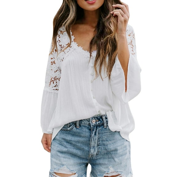 DuoJiaJ Womens Long Sleeve Lace Trim Tunic Tops Button Down Casual Blouse Cute V Neck Shirt Women’s Summer Tops White