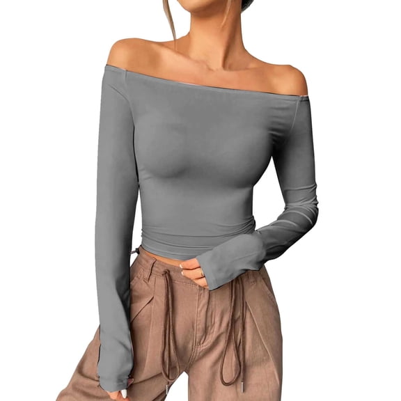 DuoJiaJ Womens Long Sleeve Off The Shoulder Tops Basic Y2K Fall Fashion Clothes Gray M