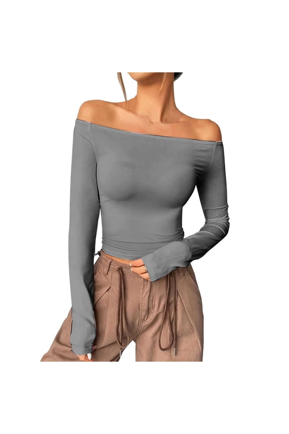 Womens Long Sleeve Off The Shoulder Tops Basic Y2K Fall Fashion Clothes Gray M