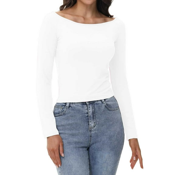 DuoJiaJ Womens Long Sleeve Off The Shoulder Tops Basic Y2K Fall Fashion Clothes White L