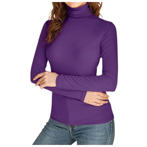DuoJiaJ Womens Long Sleeve Shirts Neck Basic Slim Fitted Tops Lightweight Stretch Base Layer T-Shirt Purple M