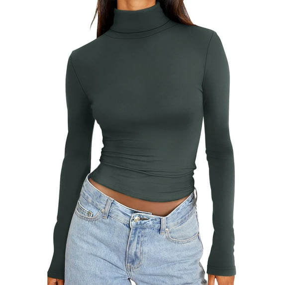 DuoJiaJ Womens Long Sleeve Turtleneck Crop Tops Basic Slim Fitted Going Out T Shirts Winter Clothes Breathable Sport Tops Gray XL