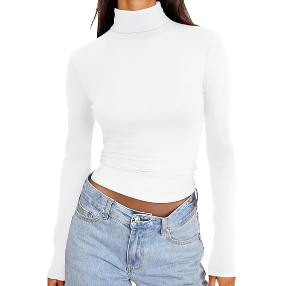 DuoJiaJ Womens Long Sleeve Turtleneck Crop Tops Basic Slim Fitted Going Out T Shirts Winter Clothes Breathable Sport Tops White XXL