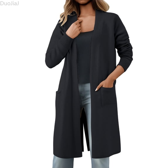 DuoJiaJ Womens Long Sweater Coat, Open Front Soft Knit Duster Fall Winter Black One Size