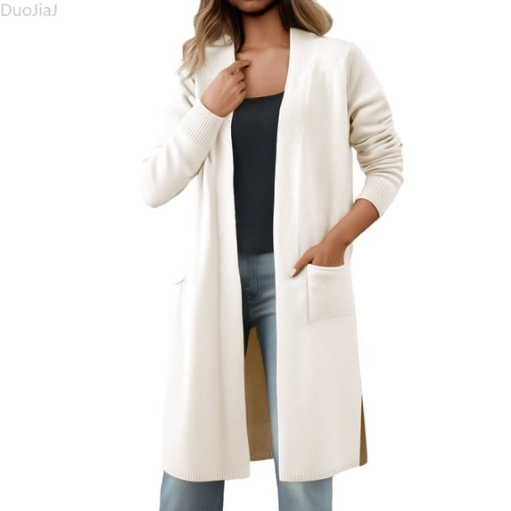 DuoJiaJ Womens Long Sweater Coat, Open Front Soft Knit Loose Fit Fall Winter Beige One Size