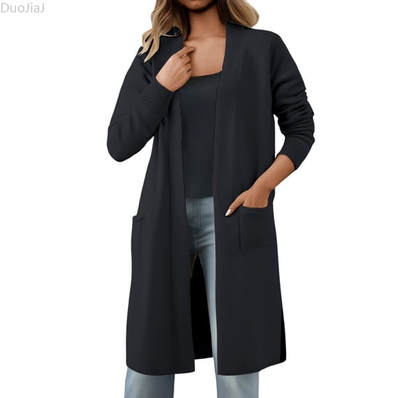 DuoJiaJ Womens Long Sweater Coat, Open Front Soft Knit Loose Fit Fall Winter Black One Size