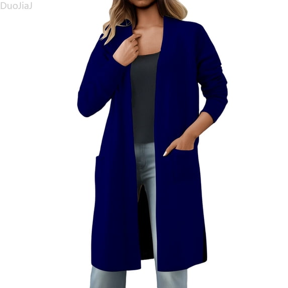 DuoJiaJ Womens Long Sweater Coat, Open Front Soft Knit Loose Fit Fall Winter Blue One Size