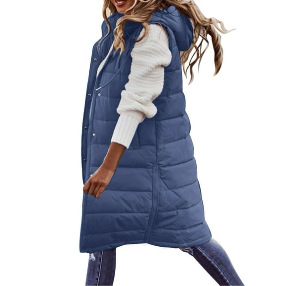 DuoJiaJ Womens Long Winter Coat Vest With Hood Sleeveless Warm Down Loose Coat With Pockets Quilted Vest Down Quilted Outdoor Coat Womens Warm Winter Coat Blue L