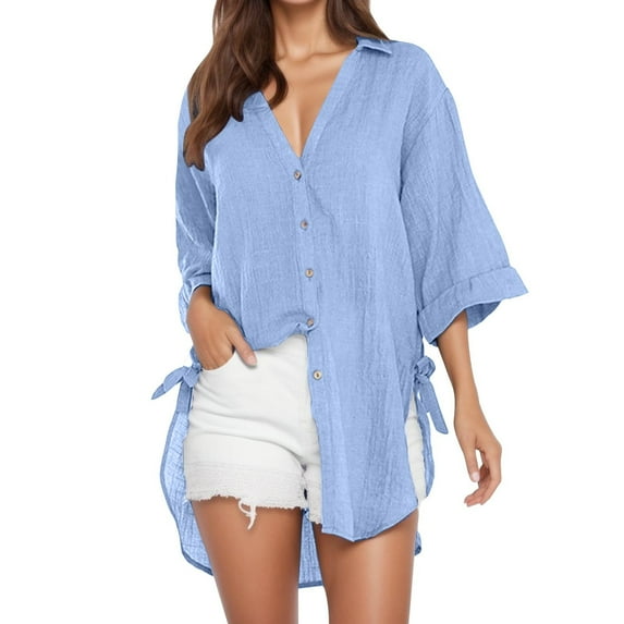 DuoJiaJ Womens Loose Button Long Shirt Dress Cotton Ladies Casual Tops T-Shirt Blouse Women's Casual Shirts Blue L