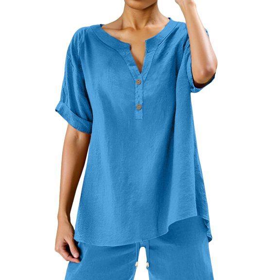 DuoJiaJ Womens Loose Buttons Down Blouse Tops Solid Casual Short Sleeve Shirt Blouse Boho Style Blouses Blue XXXL