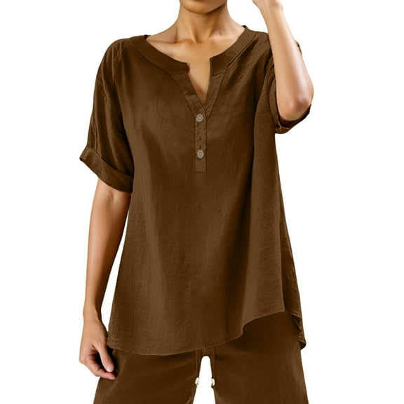 DuoJiaJ Womens Loose Buttons Down Blouse Tops Solid Casual Short Sleeve Shirt Blouse Boho Style Blouses Brown S
