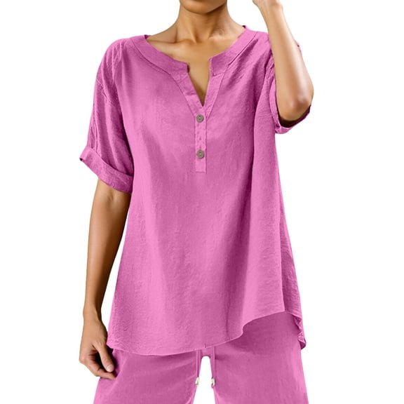 DuoJiaJ Womens Loose Buttons Down Blouse Tops Solid Casual Short Sleeve Shirt Blouse Breathable Sport Tops Pink L