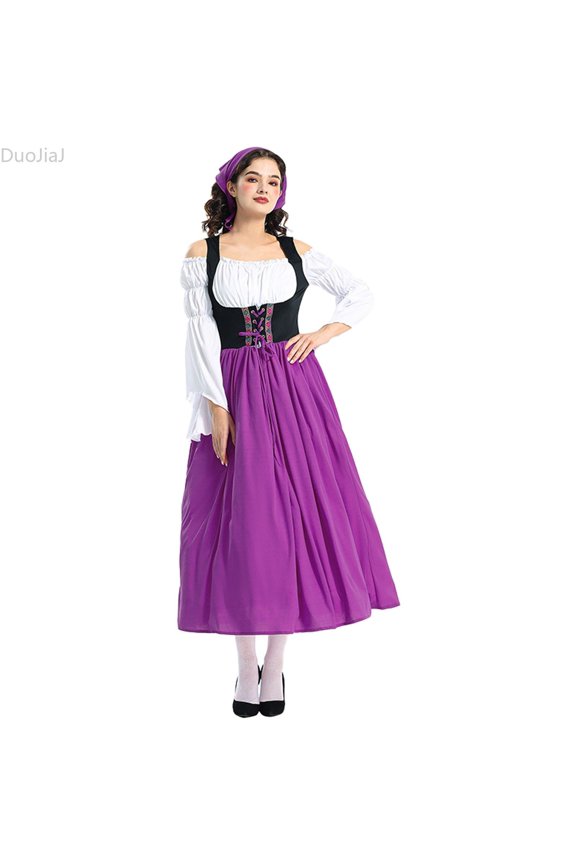 Womens Medieval Dirndl Dress, Long Sleeve Bavarian Folk Festival Gown Purple M