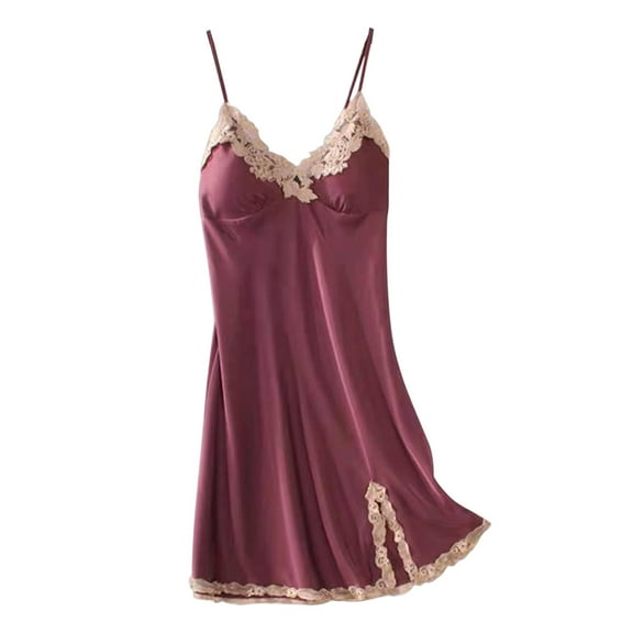 DuoJiaJ Womens Nightdress Thin Suspender Ice Silk Pajamas Lace Lace Slit Chest Pad Homewear Silk Pajamas For Women Hot Pink