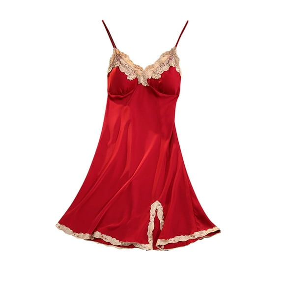 DuoJiaJ Womens Nightdress Thin Suspender Ice Silk Pajamas Lace Lace Slit Chest Pad Homewear Silk Pajamas For Women Red