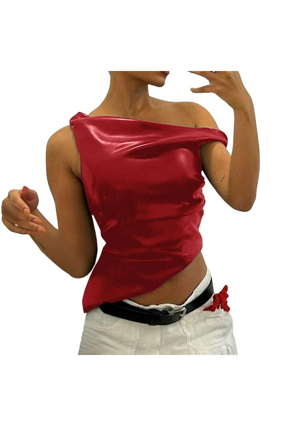 Womens Off Shoulder Top Sleeveless Shirts Faux Leather Slim Fitted Tank Top Women’s Button-Down Shirts Red