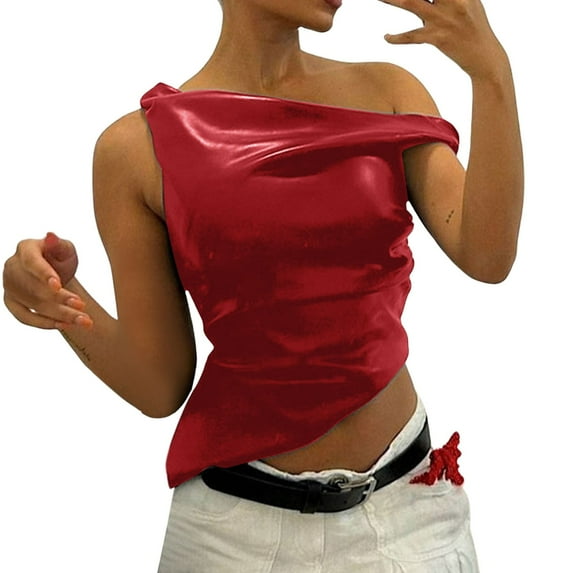 DuoJiaJ Womens Off Shoulder Top Sleeveless Shirts Faux Leather Slim Fitted Tank Top Women’s Button-Down Shirts Red