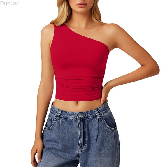 DuoJiaJ Womens Off Shoulder Top, Sleeveless Solid Color Crop Tank Red L