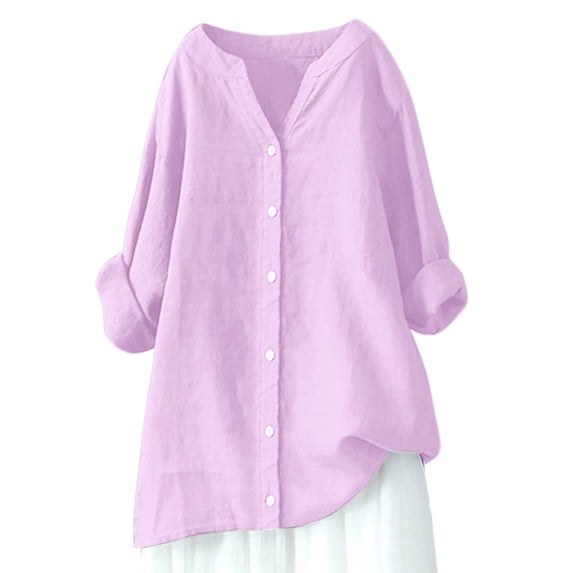 DuoJiaJ Womens Oversized Button Down Shirts Casual Loose Long Sleeve Solid Lapel Long Blouses Tops Pink M