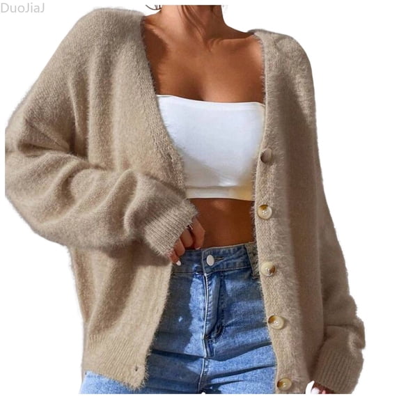 DuoJiaJ Womens Oversized Knit Cardigan, Button Front Loose Warm Sweater Beige L