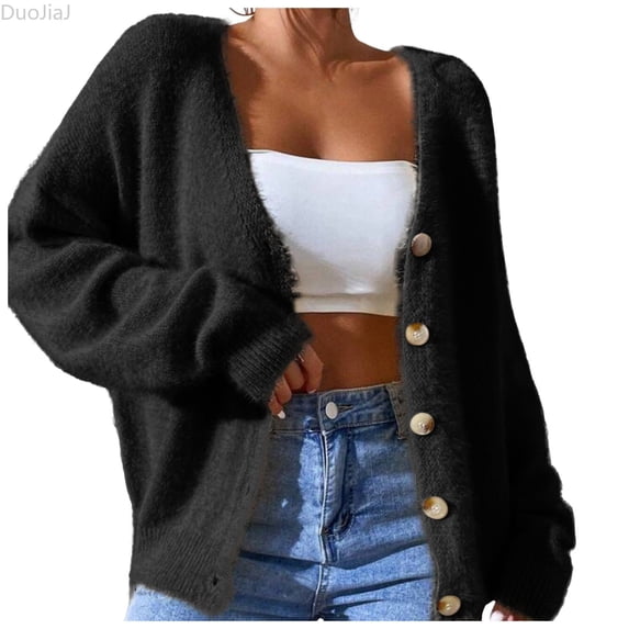 DuoJiaJ Womens Oversized Knit Cardigan, Button Front Loose Warm Sweater Black XL
