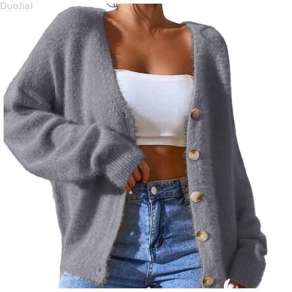 DuoJiaJ Womens Oversized Knit Cardigan, Button Front Loose Warm Sweater Gray L