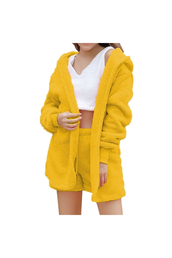 Womens Pajamas Three Piece Vest Shorts Jacket Plush Pajamas Three Piece Sets Women's Cozy Pajamas Yellow