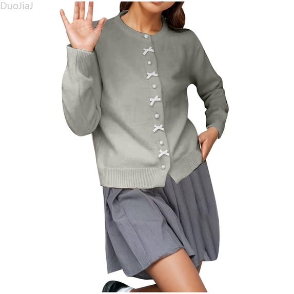 DuoJiaJ Womens Pearl Button Cardigan, Crew Neck Long Sleeve Knit Green One Size