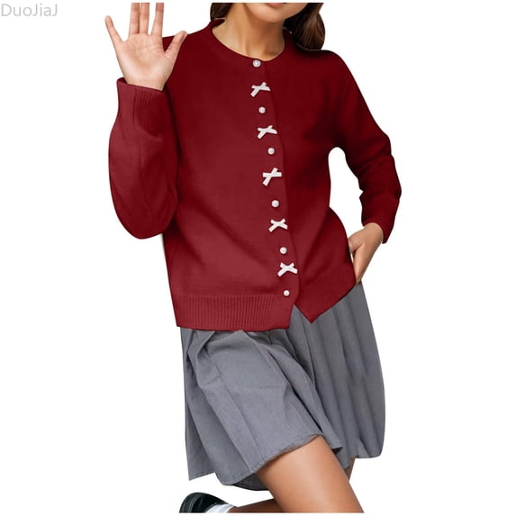 DuoJiaJ Womens Pearl Button Cardigan, Crew Neck Long Sleeve Knit Red One Size