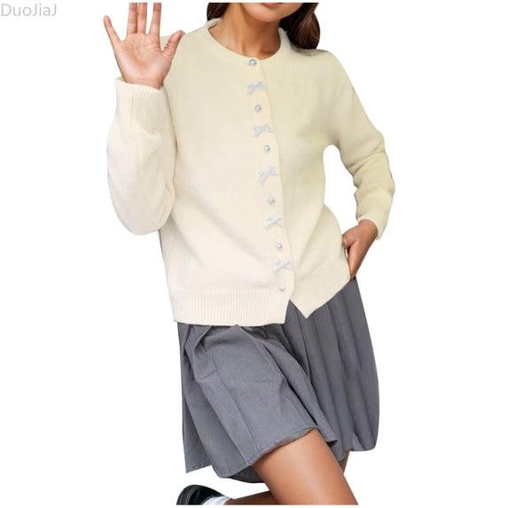 DuoJiaJ Womens Pearl Button Cardigan, Crew Neck Long Sleeve Knit White One Size