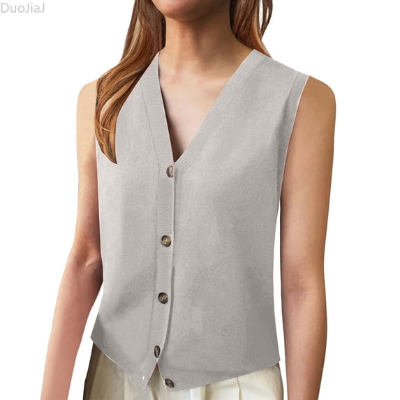 DuoJiaJ Womens Ribbed Sweater Vest, V Neck Button Front Sleeveless Layering Gray S