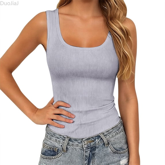 DuoJiaJ Womens Ribbed Tank Top, Solid Color Sleeveless Casual Top Gray M