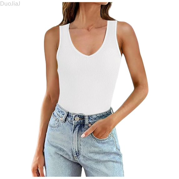 DuoJiaJ Womens Ribbed Tank Tops 2026 Summer V Neck Slim Fitted Tops Casual Basic Knit Sleeveless Shirts Ladies Tank Tops White XS