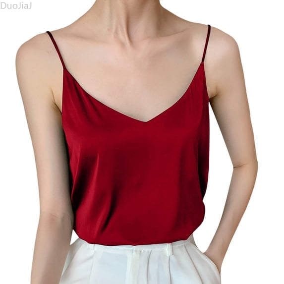DuoJiaJ Womens Satin Camisole, V Neck Sleeveless Silk Summer Tank Top Red XXL