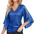 thumbnail image 1 of DuoJiaJ Womens Sequin Tops 3/4 Sleeve Glitter Sparkly Party Blouse V Neck Dressy Tops For Evening Party Women’s Plus Size Long Sleeve T-Shirts Blue, 1 of 4