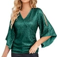 thumbnail image 1 of DuoJiaJ Womens Sequin Tops 3/4 Sleeve Glitter Sparkly Party Blouse V Neck Dressy Tops For Evening Party Women’s Plus Size Long Sleeve T-Shirts Green, 1 of 4