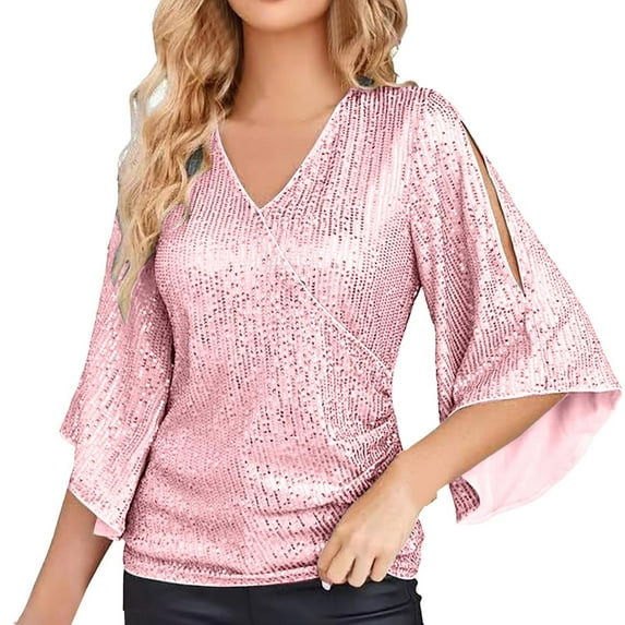 DuoJiaJ Womens Sequin Tops 3/4 Sleeve Glitter Sparkly Party Blouse V Neck Dressy Tops For Evening Party Women’s Plus Size Long Sleeve T-Shirts Pink
