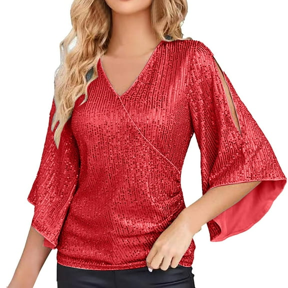 DuoJiaJ Womens Sequin Tops 3/4 Sleeve Glitter Sparkly Party Blouse V Neck Dressy Tops For Evening Party Women’s Plus Size Long Sleeve T-Shirts Red