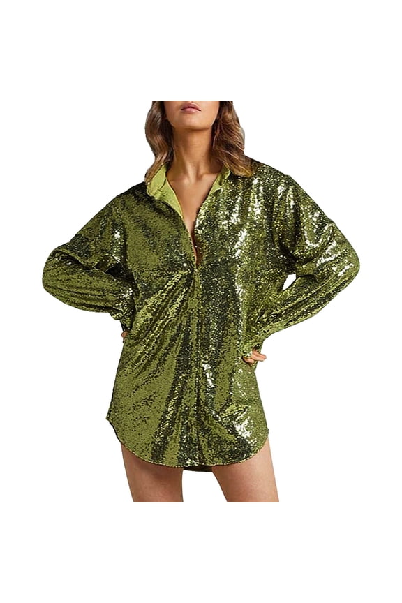 Womens Sequins Long Sleeve Collared Shirt Button Down Open Front Shirt Loose Blouses Shirst Tops Green L