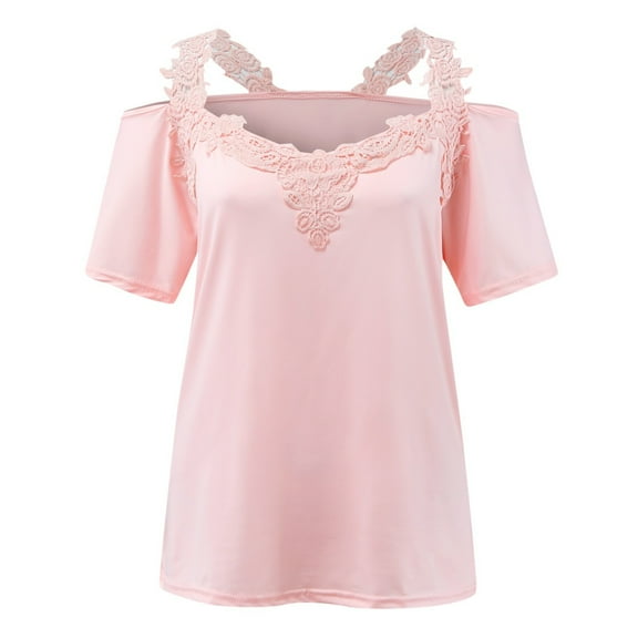 DuoJiaJ Womens Sexy Lace Solid Short Sleeve Casual T Shirt Blouse Tops Women’s Plus Size Long Sleeve T-Shirts Pink