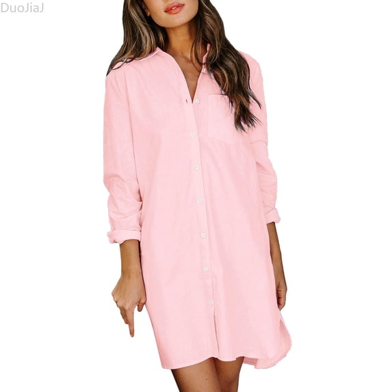 DuoJiaJ Womens Shirt Dress, Lapel Collar Button Front Long Sleeve Dresses Pink S-XL