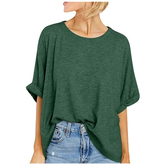 DuoJiaJ Womens Short Sleeve Oversized Tops Summer Crew Neck Loose Casual Tee T Shirt Casual Cotton T Shirt Women’s Long Sleeve Shirts Green