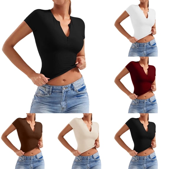 DuoJiaJ Womens Short Sleeve Top, V Neck Slim Fit Yoga Athletic Tee Red M