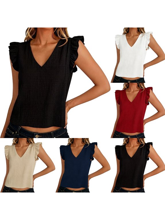 Womens Short Sleeve Top, V Neck with Flutter Sleeve Soft Basic Tee Red L