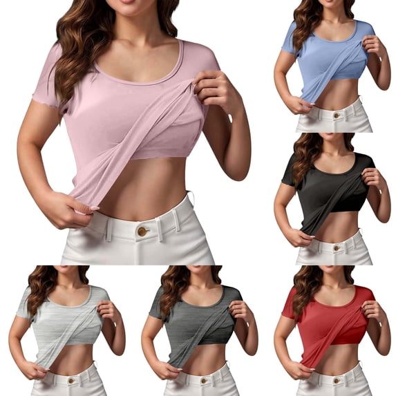 DuoJiaJ Womens Short Sleeve Top, with Built In Bra Seamless Comfort Tee Gray M