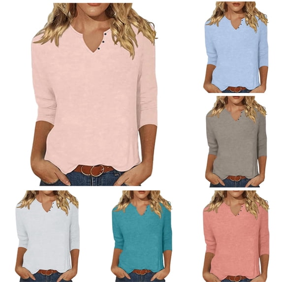 DuoJiaJ Womens Short Top, V Neck Button 3/4 Sleeve Solid Color Tee Gold M