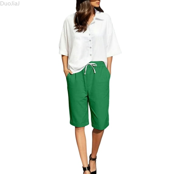 DuoJiaJ Womens Shorts, Drawstring Elastic Waist Summer Casual Bottoms Green XXL