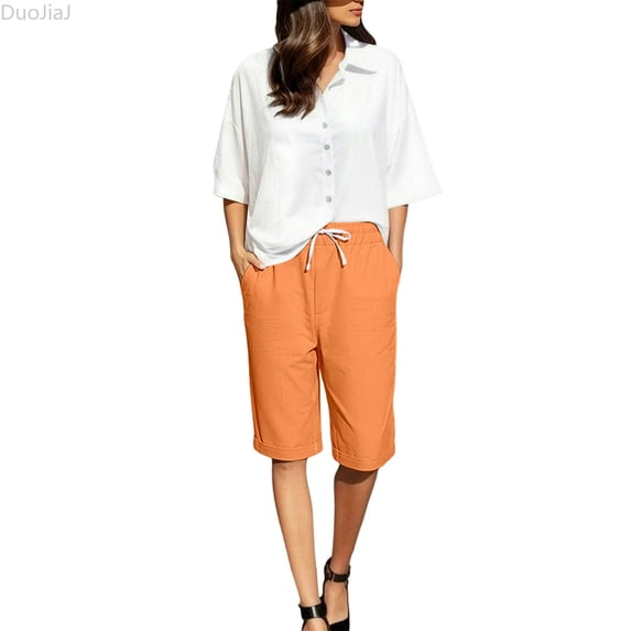 DuoJiaJ Womens Shorts, Drawstring Elastic Waist Summer Casual Bottoms Orange M
