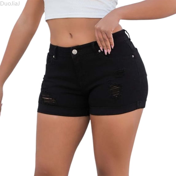 DuoJiaJ Womens Shorts Jeans Y2k Summer Vintage Low Rise Ripped Mini Denim Shorts Black L