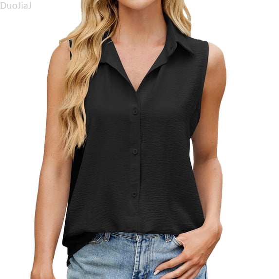 DuoJiaJ Womens Sleeveless Button Down Shirt Tops V Neck Business Casual Collared Blouses Tank Top Black L